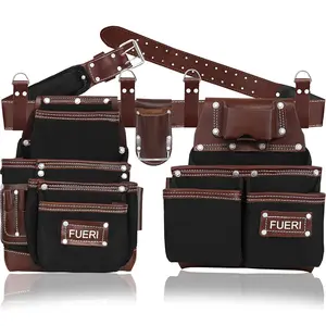 FUERI Nylon and Leather Tool Belt comes with 19 Pocket with Adjustable Foam Padded Belt,Heavy Duty Pouches, 4 D-Loops, and hammer holder for Carpenters & Electricians