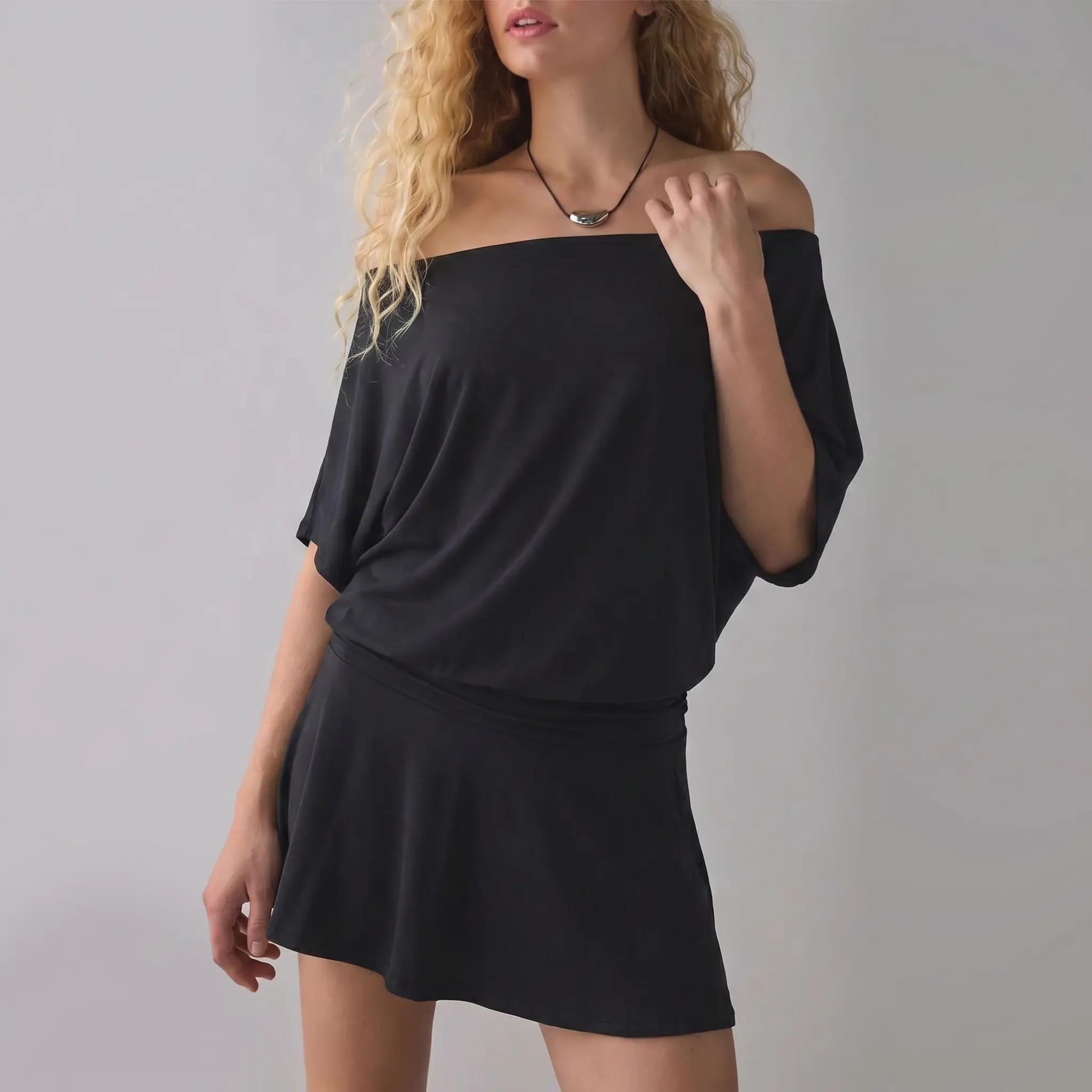 FISOEW  Sports 2026 Summer Spring Women's dresses,  Draped  Off-The-Shoulder Mini Dress,suitable for beach vacations and leisure holidays, party dresses. Fit Casual Black Style Womenswear,summerwins