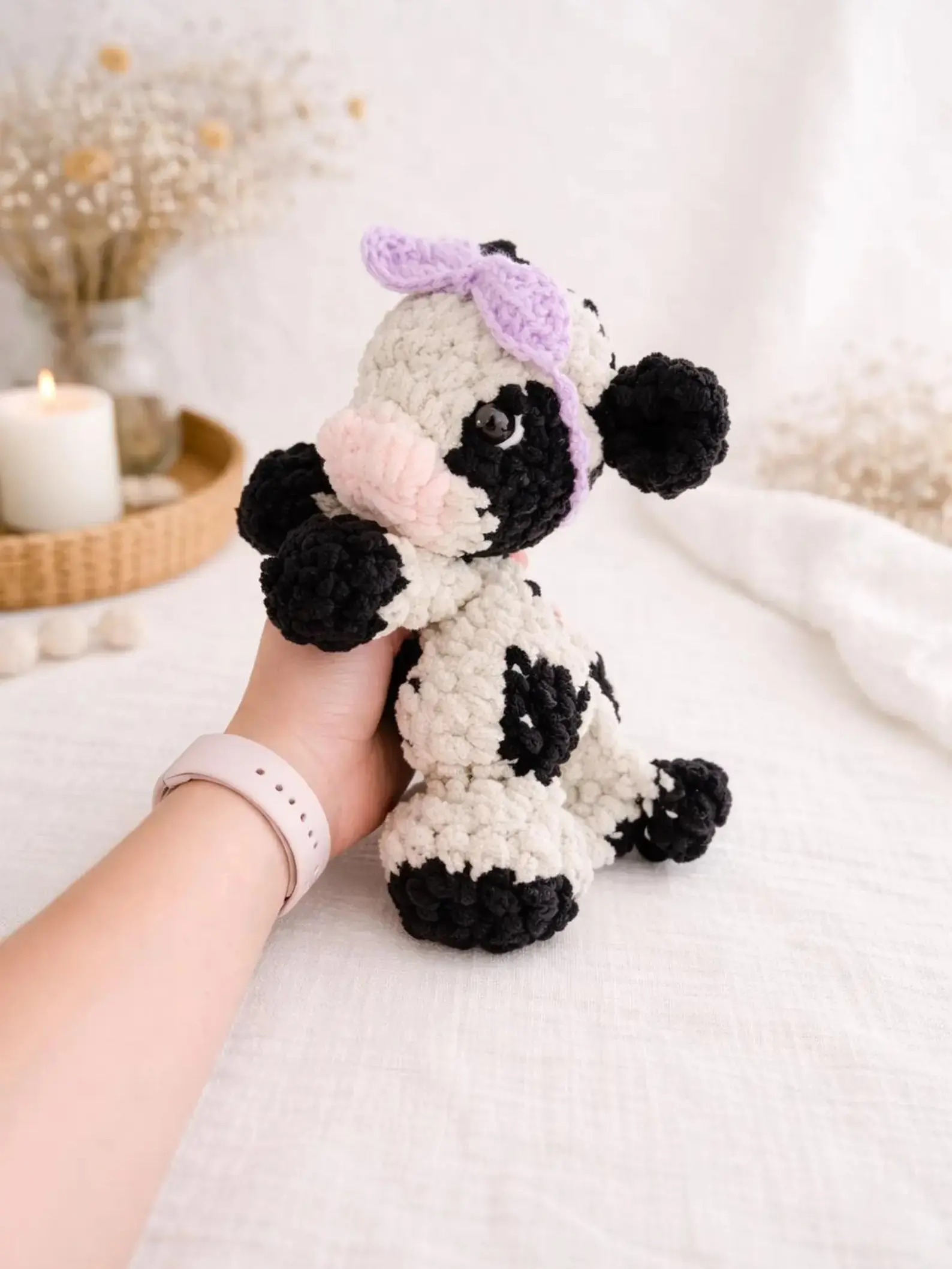 Crochet Cow Plush Toy, Amigurumi Farm Animal Doll, Soft Kawaii Cottagecore Decor