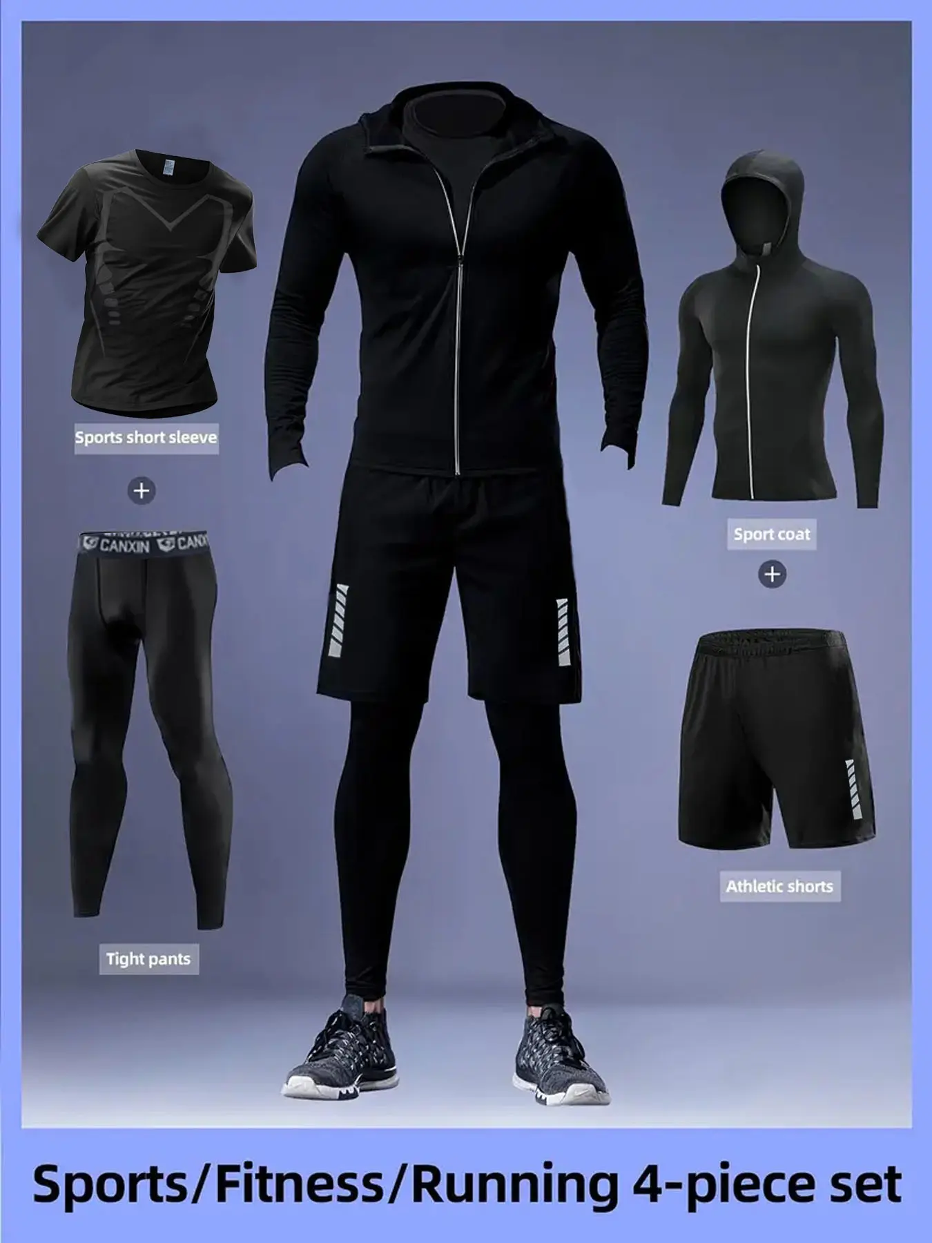 Men's 4-Piece Sportswear Set, Workout Sets, Sporty Breathable Outfits, Breathable Mesh Long Sleeve Top, Quick-Dry Tight Pants & Drawstring Shorts, Reflective Print, Gym Running Basketball, Fitness Sportswear Set, Activewear Clothing