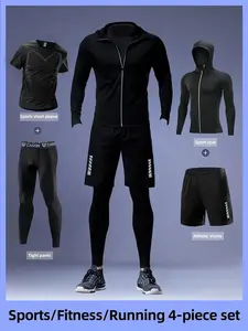 Men's 4-Piece Sportswear Set, Workout Sets, Sporty Breathable Outfits, Breathable Mesh Long Sleeve Top, Quick-Dry Tight Pants & Drawstring Shorts, Reflective Print, Gym Running Basketball, Fitness Sportswear Set