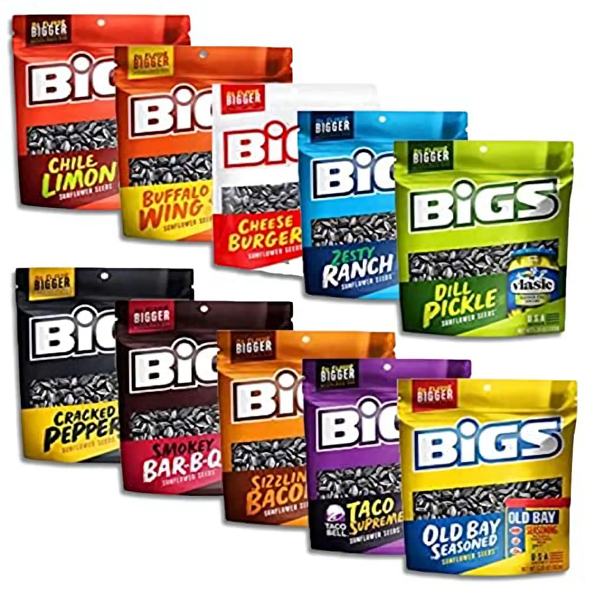 BIGS Sunflower Seeds Variety Pack - 10 Gluten-Free Bags Mix Varies Weekly (May Include Taco, Cheeseburger, Pickle, Old Bay, Pizza, Chili Lime, Bacon, BBQ, Ranch & More) Snack