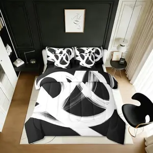 Abstract Modern 7 Piece Comforter Set,Bed in A Bag Black White Lines Geometric Bedding Set,Minimalist Contemporary Stripes Sheet Set,Ink Painting Simple Aesthetic Neutral Quilt