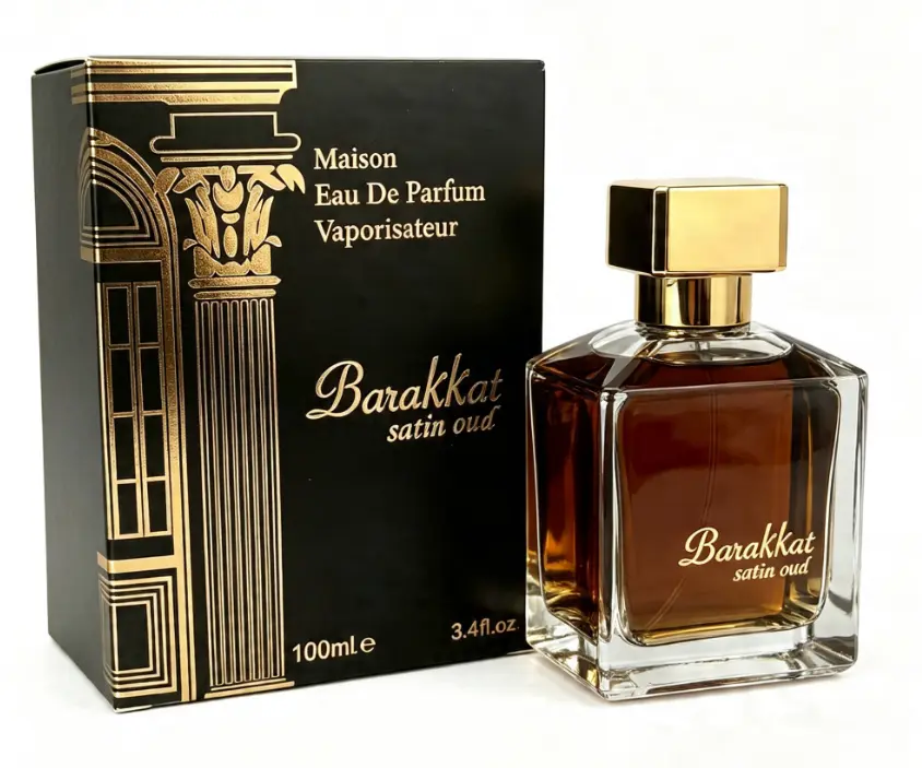 Barakkat Satin Oud Eau De Parfum 100ml Unisex Luxury Woody Perfume Clear Cut Square Glass Bottle Shiny Gold Cap Soft Agarwood Oud Sandalwood Scent, 8–11 Hour Long Lasting Aroma Black Gold Roman Column Embossed Premium Gift Box For Holiday Business Gift