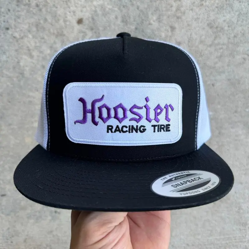Hoosier Racing Tire Trucker Hat, Black White Snapback Cap, Motorsport Racing Style 7 Panel Hat