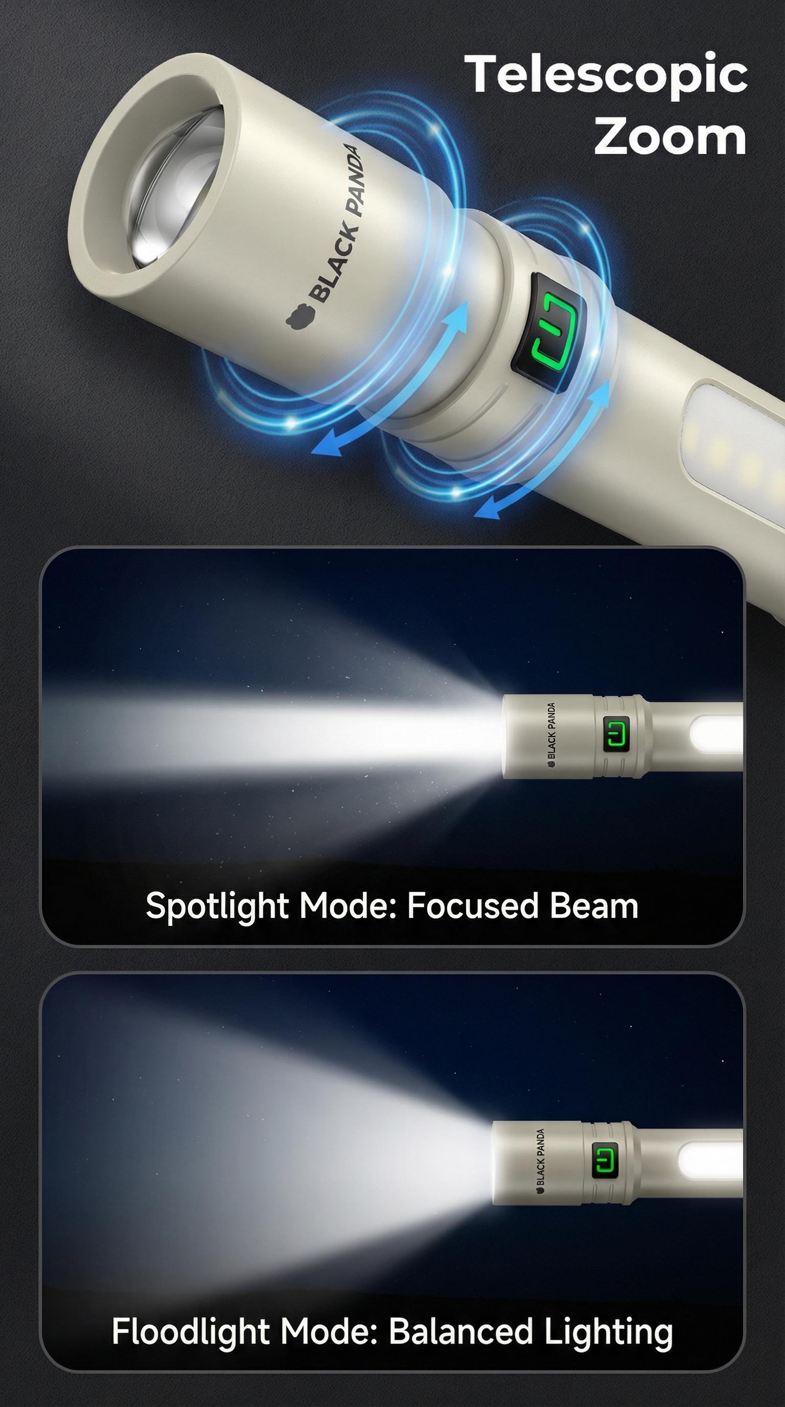 Black Panda Portable Flashlight with Hook Built-in Tail Hanger COB Side Light  Max 500 Lumens TYPE-C Quick Charge Perfect Companion for Hiking and Camping