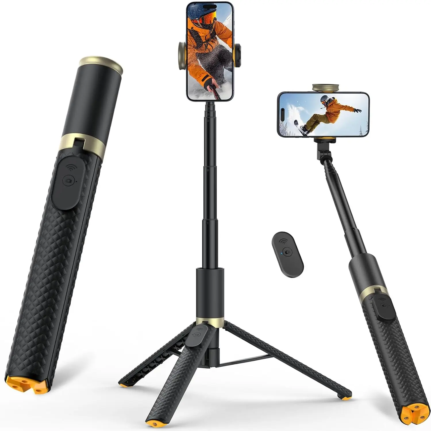 Vimose Aluminium Alloy All-in-1 Folding Selfie Stick Tripod - 62in Compact Fold Portable Detachable, Wireless Remote, Adjustable Stand with Silicone Accessories, Fits iOS/Android Cellphones for Vlogging, Travel, All-In-One, 62 Inches