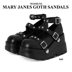 CYNLLIO Womens Mary Janes Goth Platform Sandals Elegant Punk Round Toe Chunky Block Wedge Heels Ankle Buckle Strap Rhinestone Heart Rivet Casual Pumps Shoes