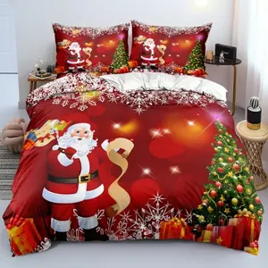 3PCS Merry Christmas bedding set -1 duvet cover and 2 pillowcases, featuring holiday Santa Claus and gift box ,snowflake design print kit, perfect for comfortable New Year and Christmas home decor