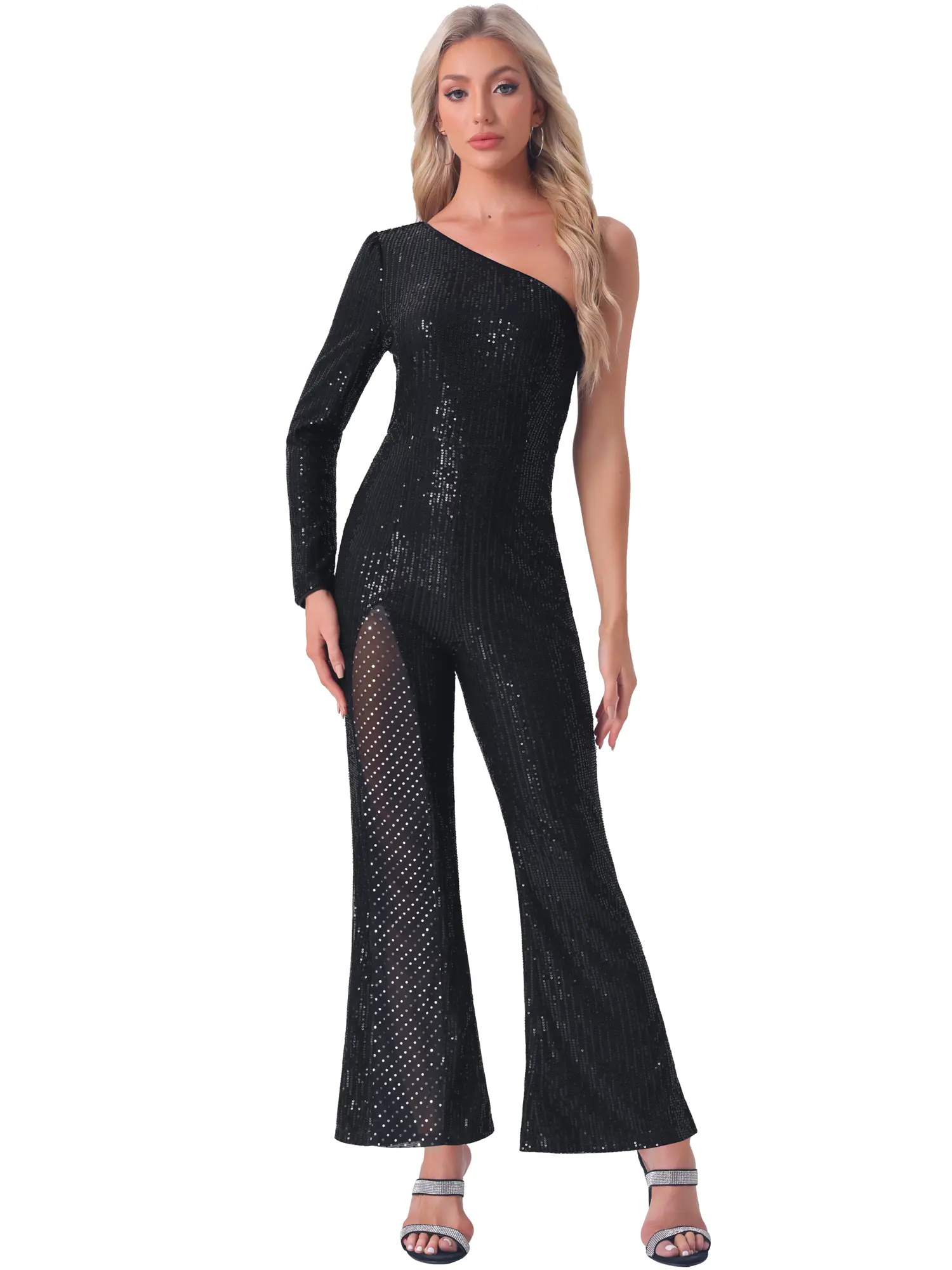 INSPIRE CHIC Sequin Jumpsuits Women's One Shoulder See Through Wide Legs Party Romper