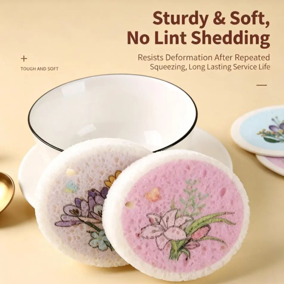 3/6 Pack Floral Cellulose Scrubber Sponges & Scouring Pads, Eco Wood Pulp Compressed Dish Cleaner, Expandable Non-Scratch Durable Kitchen Cleaning Pads for Stainless Steel Surfaces, Random Floral Prints, Super Squeeze Sponges & Scouring Pads, Rinse Clean