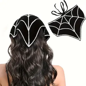 Halloween Knitted Spider Web Triangle Scarf Zigzag Headband, Vintage Elegant Wool Yarn Hair Band for Daily & Party Use, Unisex Fashion Accessory