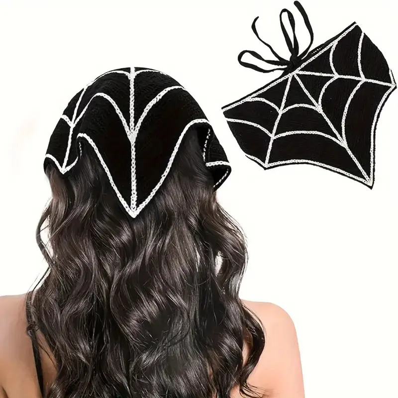 Halloween Knitted Spider Web Triangle Scarf Zigzag Headband, Vintage Elegant Wool Yarn Hair Band for Daily & Party Use, Unisex Fashion Accessory, Goth Hair Accessories