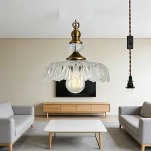 Plug in Glass Pendant Light Fixture Brass Vintage Adjustable Chandelier Brushed Gold Hanging Ceiling Light for Farmhouse Hallway Bedroom Foyer Kitcken Dining Room Island