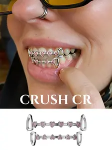 CRUSH CR 18K Gold Plated Pink Heart Grillz for Women Teens, Cute Heart-Shaped Pink CZ Stones, Hypoallergenic Removable, Perfect for Y2K Fashion, Music Festivals, Club Nights TikTok OOTDs, Ideal Sweet Edgy Bling Dental Jewelry to Elevate Your Style