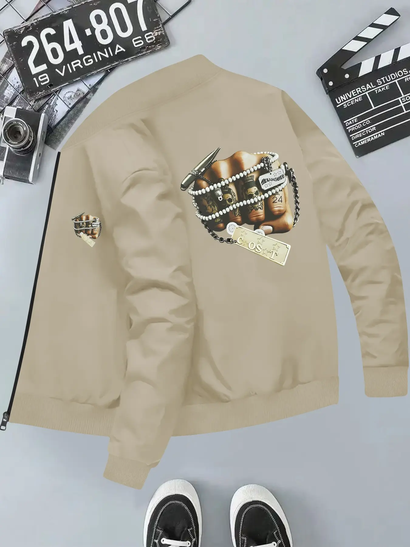 Street Style Graffiti Element Stand Collar Jacket, Unisex Loose Fit Casual Top, Long Sleeve Slim-Fit Design, All-Season Wear