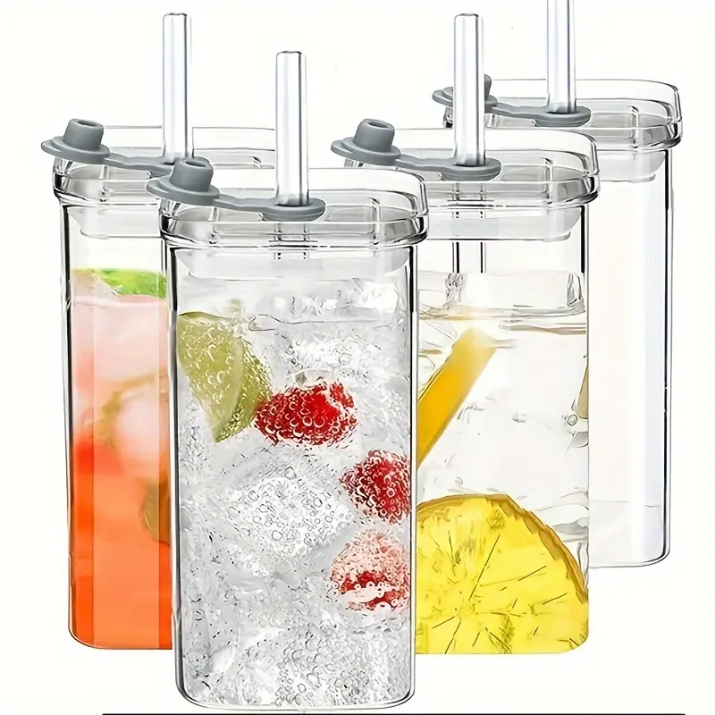 4 Pack 13oz Square Glass Tumblers with Plastic Lids & Glass Straws Portable Eco-Friendly Drinkware Cups for Juice Whiskey Beer Tea and Cocktails