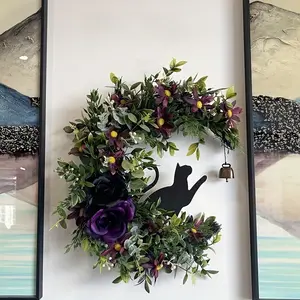 18"  Artificial flowers Halloween Wreath - Black Cat Moon with Bells for Front Door, Porch Window Wall Indoor Outdoor, Artificial flowers, outdoor fake plants, Halloween decoration artificial flowersHalloween Decorations,  For Christmas and Halloween deco