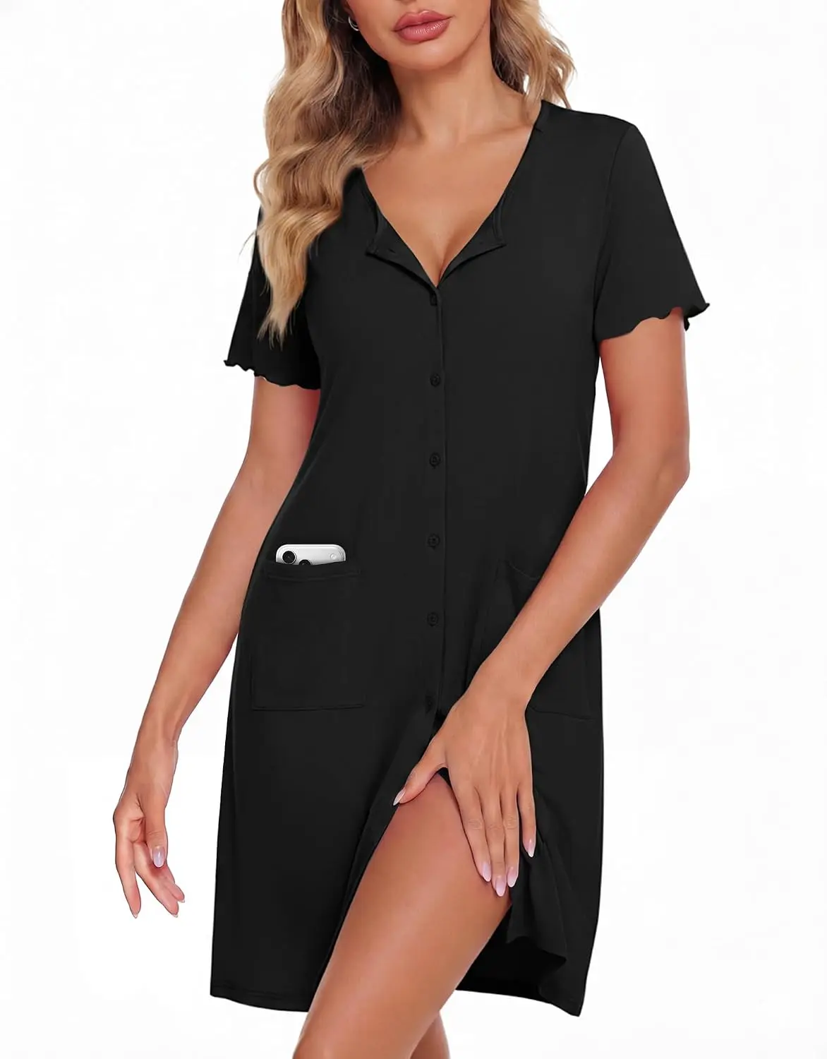 Nightgowns for Women - Short Sleeve Sleepwear Button Up Pajamas for Women V-Neck Sleepwear Dress with Pockets