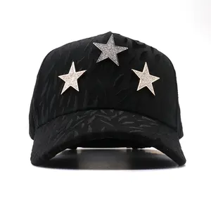 Rhinestone 3 Star Streetwear Snapback Hat - Black Textured Embroidered Hip Hop Baseball Cap, Unisex Adjustable Urban Street Style Headwear
