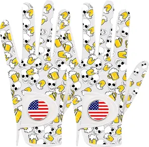 FINGER TEN Golf Gloves Men Left Hand Right with Ball Marker USA Flag Black Rose White Beer 2 Pack, Mens PU Leather Golf Glove All Weather Grip Small Medium ML Large XL