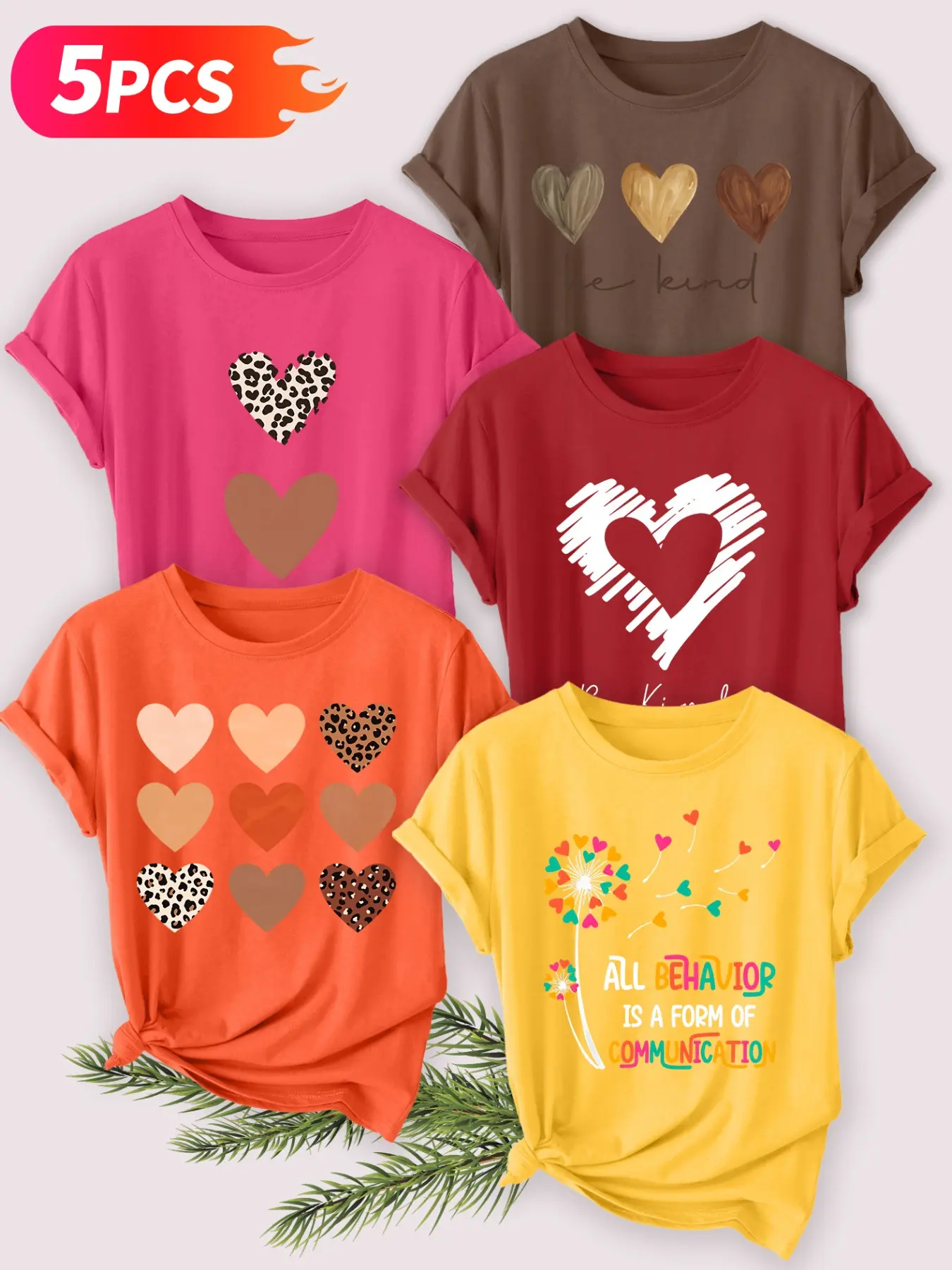 Women's 5-Piece Casual Short Sleeve Round Neck Lady T-Shirts, Three Colors Heart 'be Kind' Print, Soft Fabric, Spring Summer Top, Casual Trendy Tee, Build Your Tee