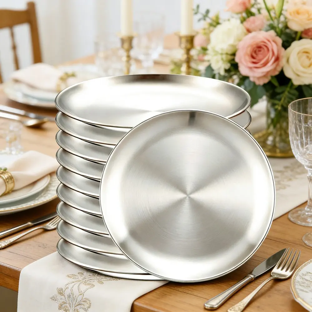 10Pcs Stainless Steel Plates Metal Silver Dinner Plates Unbreakable Dinner Dishes Plates Set for Outdoor Kitchen Supplies Cooking Barbecue Home Camping Outdoor