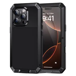 Black iPhone 11-17 Pro Max Case, Metal Heavy Duty Shockproof Tough Rugged Cover with Built-in Glass Screen Protector, Full Body DustProof Strong Protective Phone Casing
