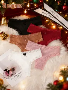 Christmas Style Women's Fashion Comfy Underwear Set,5 Pack Fashion Romantic Women's Thong Panties, Intimates Panties, Cute Bow Lace Trim Heart Edge Design, Soft Comfortable Fitted Fabric for Daily Wear