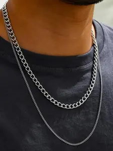 Men's Fashion Accessories, Simple Hip-Hop Style Stainless Steel Stackable Clavicle Chain 2-Piece Necklace Set, Casual All-Season Jewelry