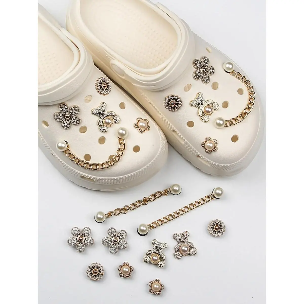 10pcs Bling Bear Shoe Charms with Faux Pearl and Rhinestones, Cute Clog Shoe Accessories for Women and Girls, Bling Shoe Charms