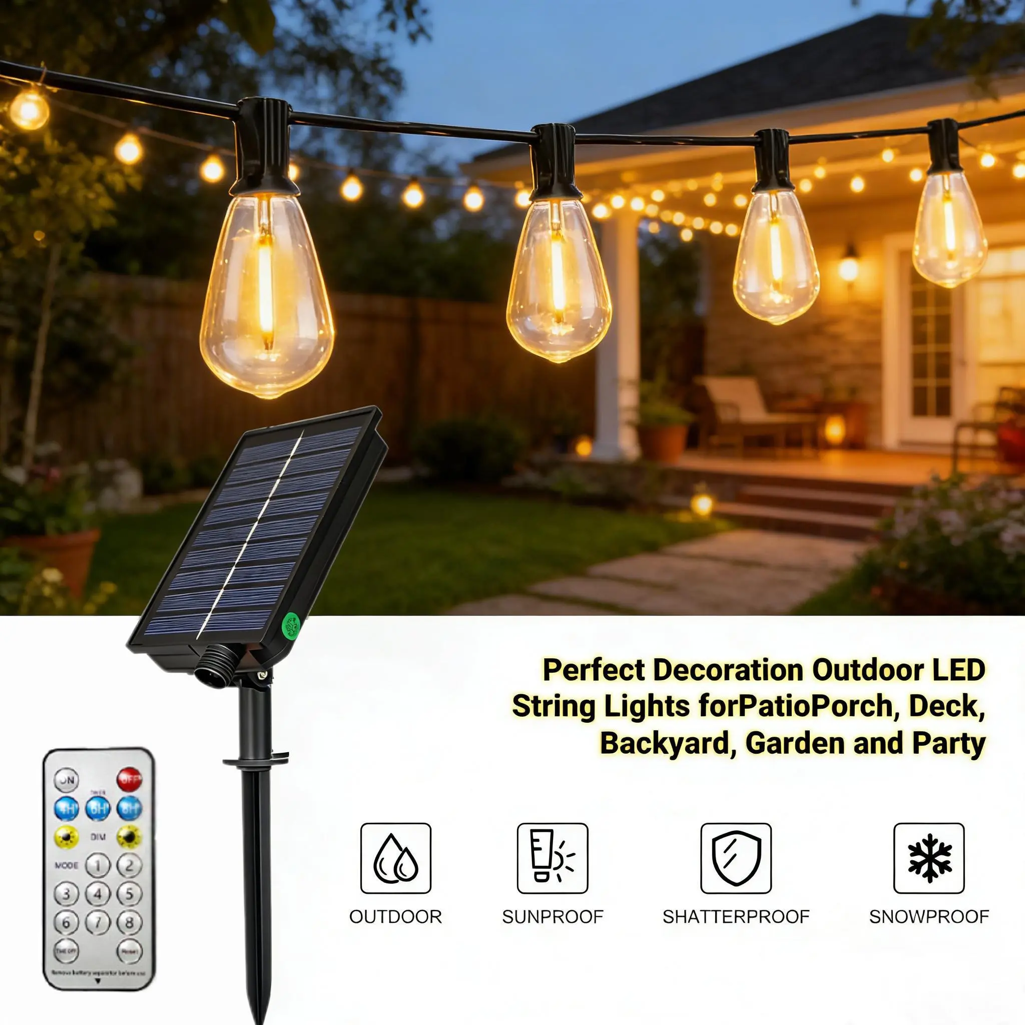 DAYBETTER Solar Outdoor String Lights, Vintage Edison ST38 Bulbs, Waterproof Remote-Controlled Adjustable Brightness LED, Energy Efficient Mood Decorative Lights with Timer for Garden Patio Backyard Glow Up (New & Old Styles Mixed Delivery), Mood Lighting