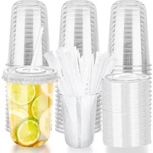16oz Disposable Stemless Glasses with Flat Lids and Straws,PET Disposable Drinking Cups,Clear Plastic Wine Glasses for Parties Birthday,Wedding,Meeting,Christmas Party Supplies. (50, Transparent)