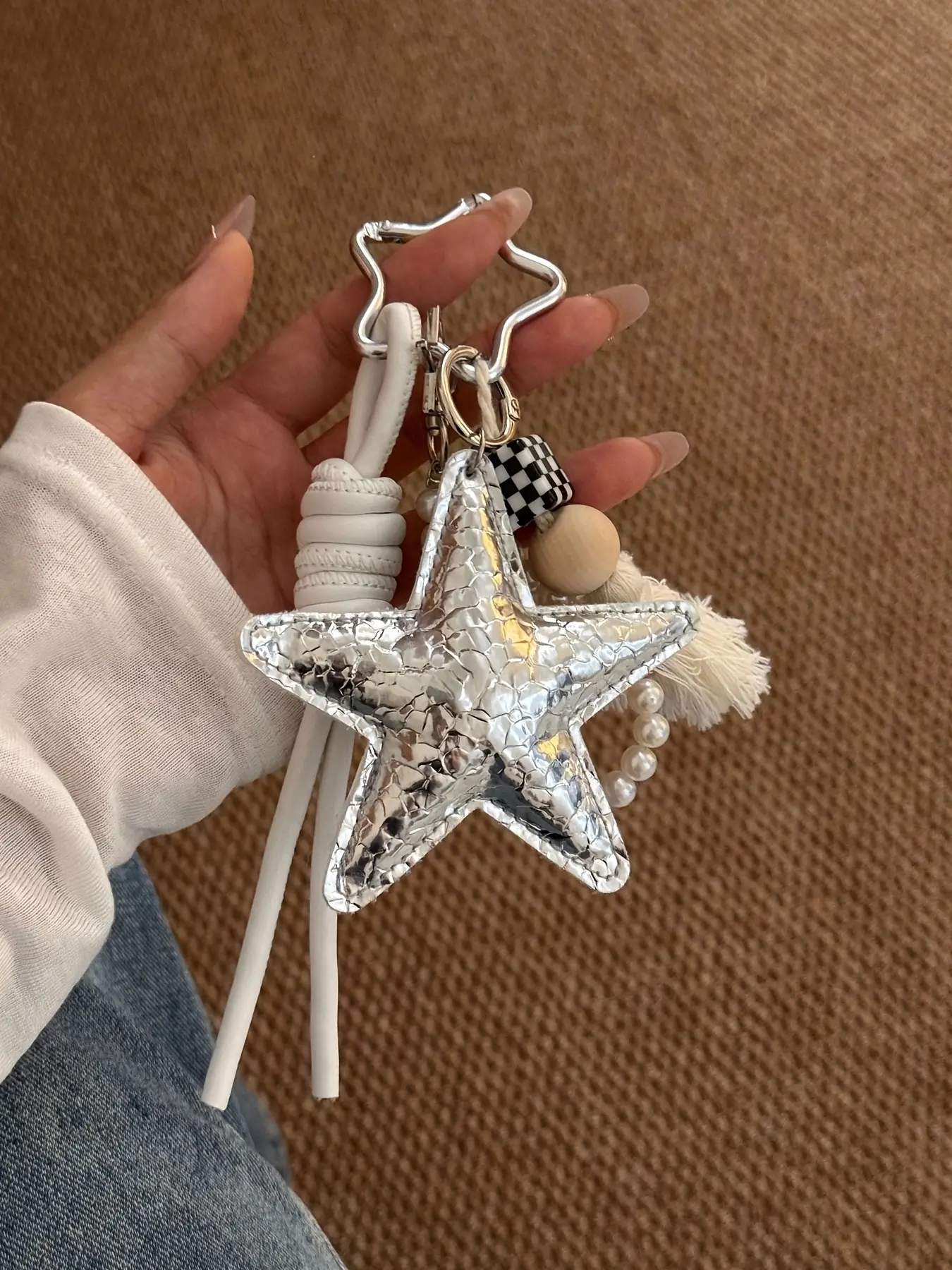 Silver Cracked Pentagram Pendant, Trendy Ins-Style Paired With Pearls, Checkered Wooden Bead Tassel Decoration, Bag And Keychain Accessory, Keychain For Bags, Small-Batch Design With A Girlish Touch, Fashionable Car Keychain, Stylish Keychain