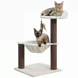 Cat Tree with Hammock and Scratching Post For Kitten, Paper Rope Scratching Posts, and Feather Interactive toy