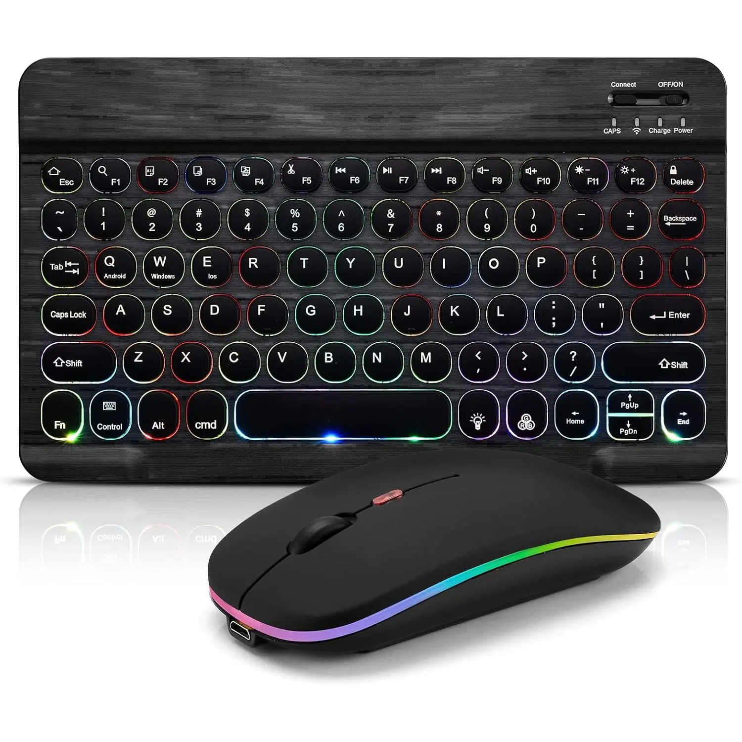 Ultra-Slim Lightweight Bluetooth Keyboard And Mouse Portable Wireless Keyboard Rechargeable 7-Color Backlit for Apple iPad iPhone Samsung Tablet iPhone Smartphone iOS Android Windows, Round Keys Black
