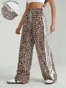 Women's Leopard Print Straight Leg Sports Pants, Casual Loose Fit Jogging Trousers, Fashionable Comfortable Athletic Wear