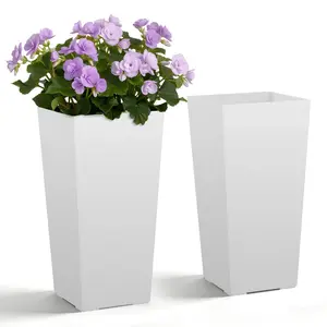 VEVOR Tall Planters Set of 2, 22 Inch Large Outdoor Taper Planters for Outdoor Indoor Plants, Front Porch Plastic Modern Flower Pots with Casters, Inner Pot & Drainage Holes for Patio, Garden, White