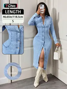 Elegant Summer Women's Slim-Fitting Long Sleeve Denim Dress, Casual Fashionable Design, Solid Color Front-Button Dress for Daily Wear