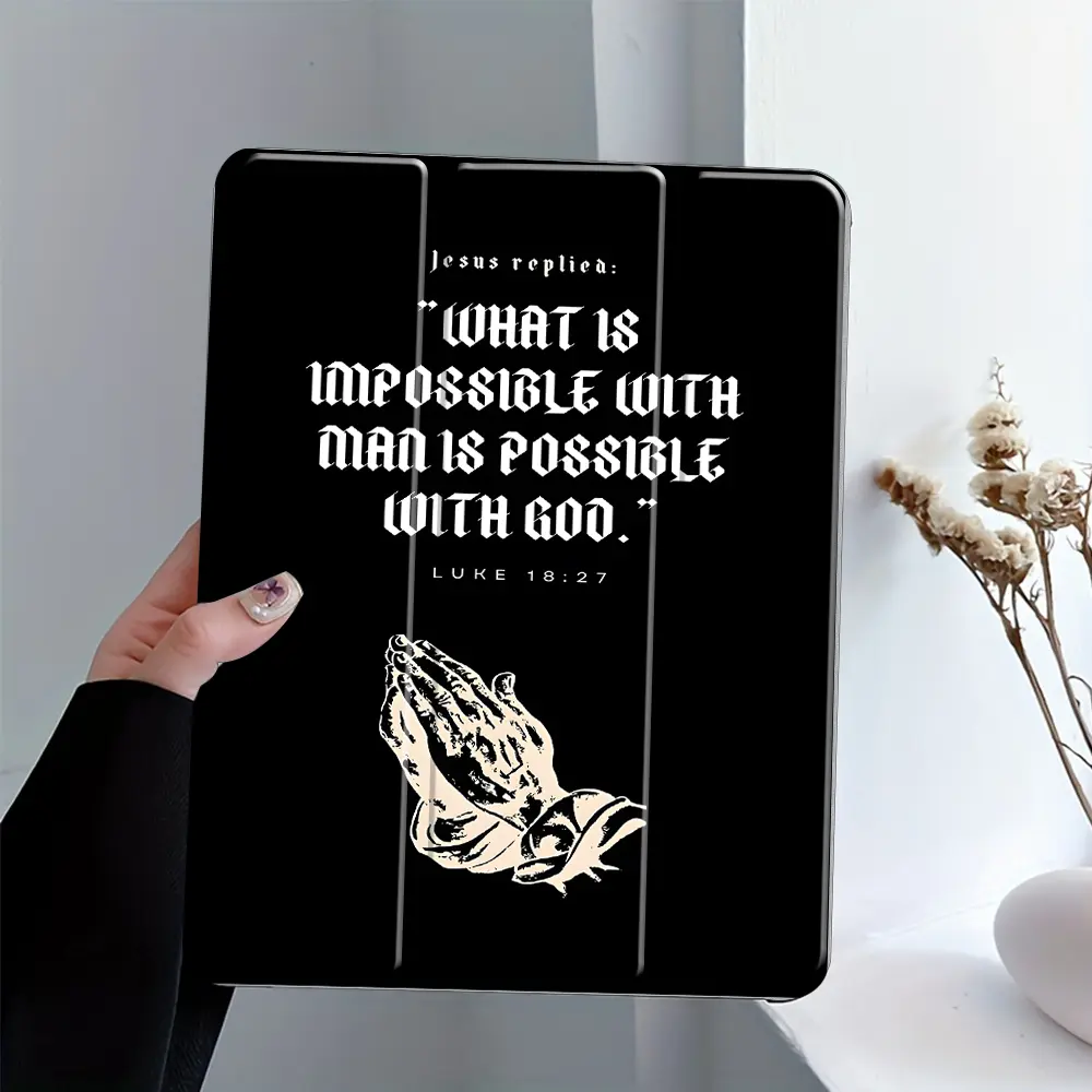 Minimalist Christian Prayer Hands Acrylic iPad Stand Case, Adjustable Tablet Stand with Transparent Hard Back Panel & Pencil Slot, Scratch-Resistant Ultra-Thin Shock-Resistant Full Cover, Compatible with All iPad Models, Ideal for Home Use