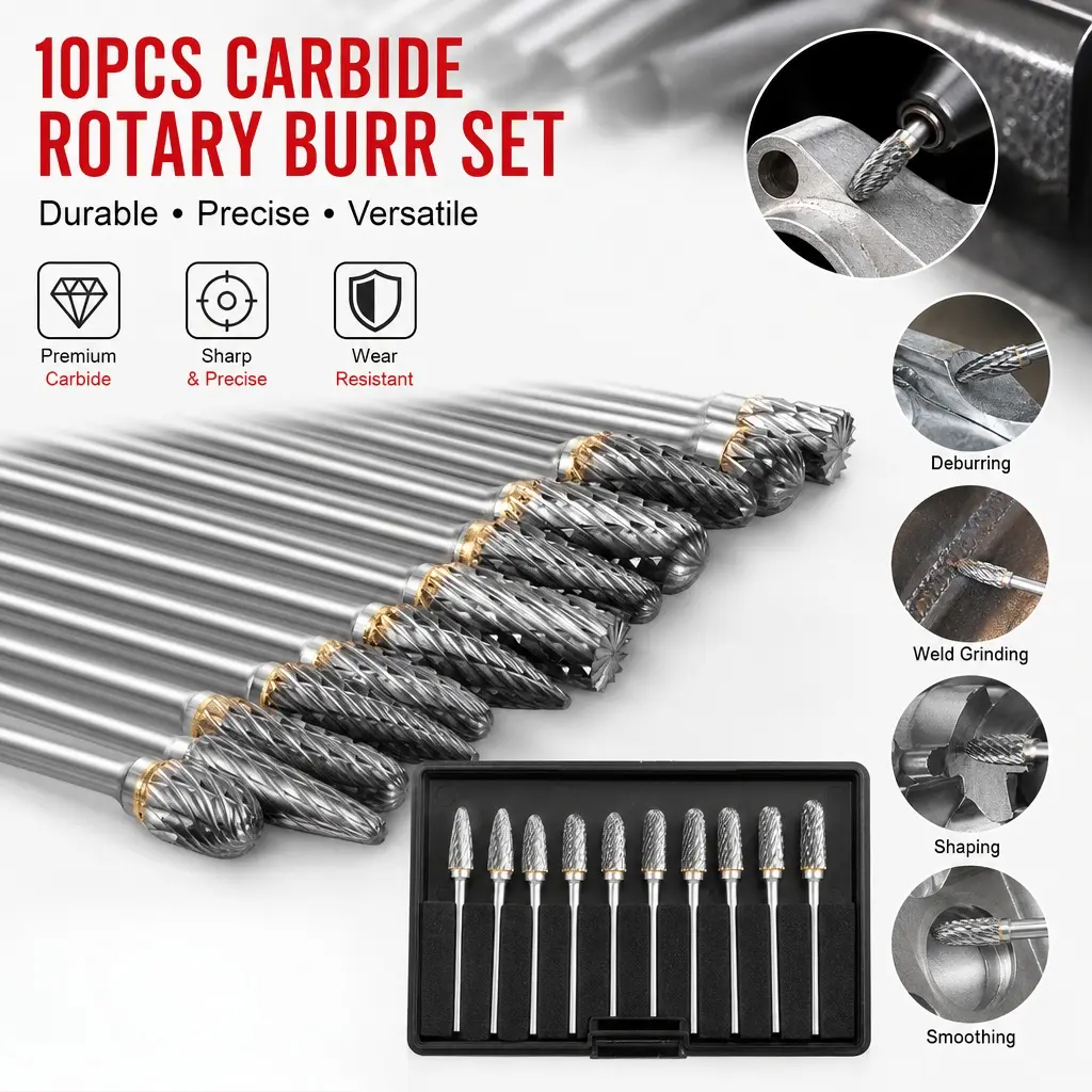 Tungsten Carbide Burr Set for Dremel - 10Pcs 1/8" Shank Rotary Tool Bits, Double Cut Double Groove HRC70 Hardness Die Grinder Bits for Boyfriend's DIY Crafts, Metal Engraving, Cross-Line Universal Fit Fast Cutting, None