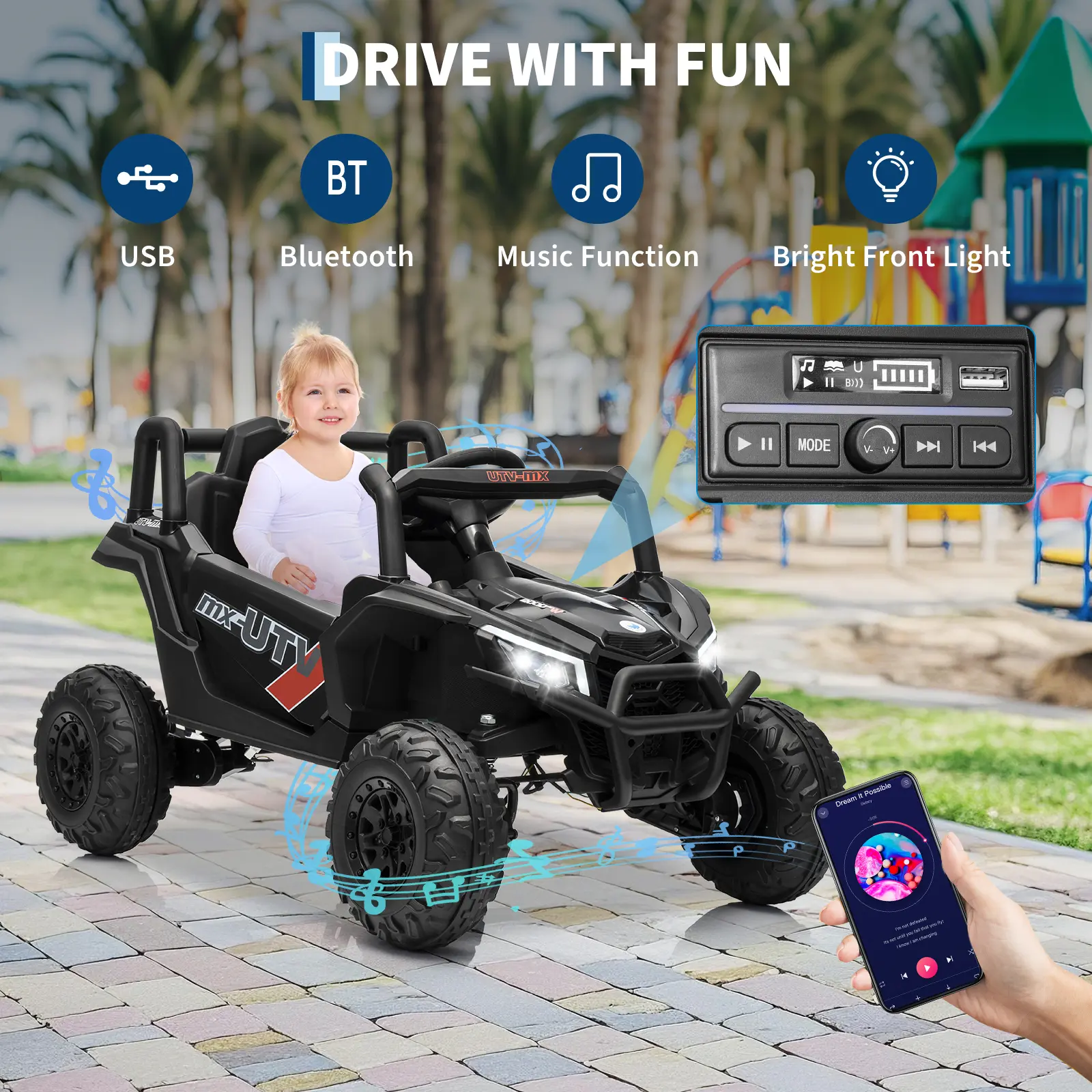 12V Kids Ride-On UTV Truck w/ Parent Remote Control, 4WD/2WD Switchable, 4 Spring Suspension, EVA Tires, Safety Belt, Dual Open Doors, Bluetooth, Music & LED Lights, Electric Car for Kids Ages 3-8