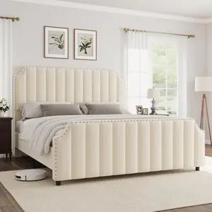 Platform Bed Frame with 50.2 in Headboard, Velvet Upholstered Bed Frame Queen with Vertical Channel Tufted Headboard & Footboard, Nailhead Trim luxury  bedroom  furniture