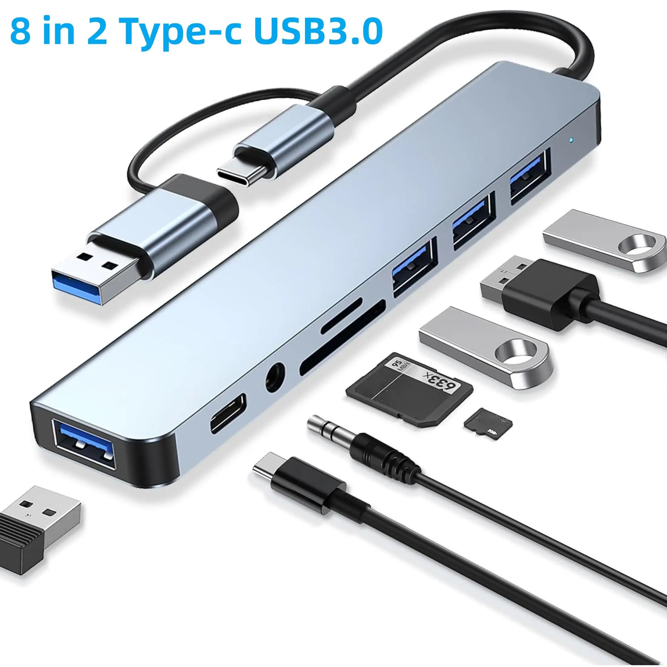 8-in-1 USB C HUB, Portable USB Hub, USB Hub for Laptop, USB Splitter, USB Expander, USB Multiport Adapter with 4 USB Ports, 1 USB C TF/SD Card Reader, 3.5mm Audio Output, Compatible with Macbook Pro/iPad Pro/HP Laptops, USBC SD Card Reader
