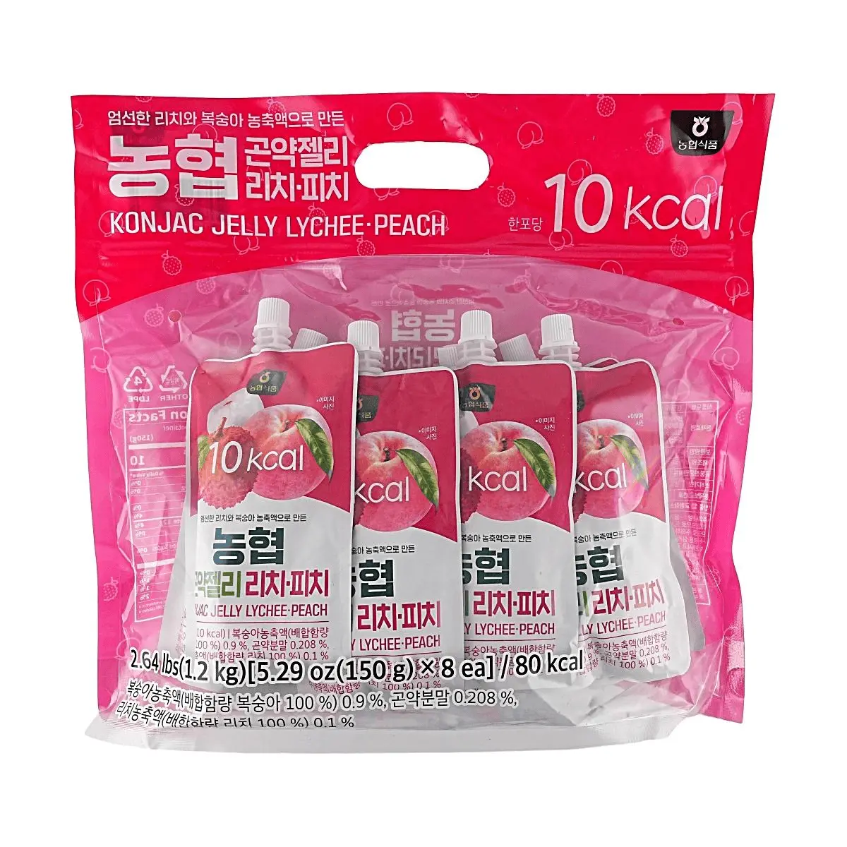 NONGHYUP Korean Lychee Peach Konjac Jelly Snack - Konjac Base, Low Calorie, Low Sodium, Smooth, Q-Texture, Healthy Diet Dessert, Guilt-Free Treat, 150g x 8 Packs