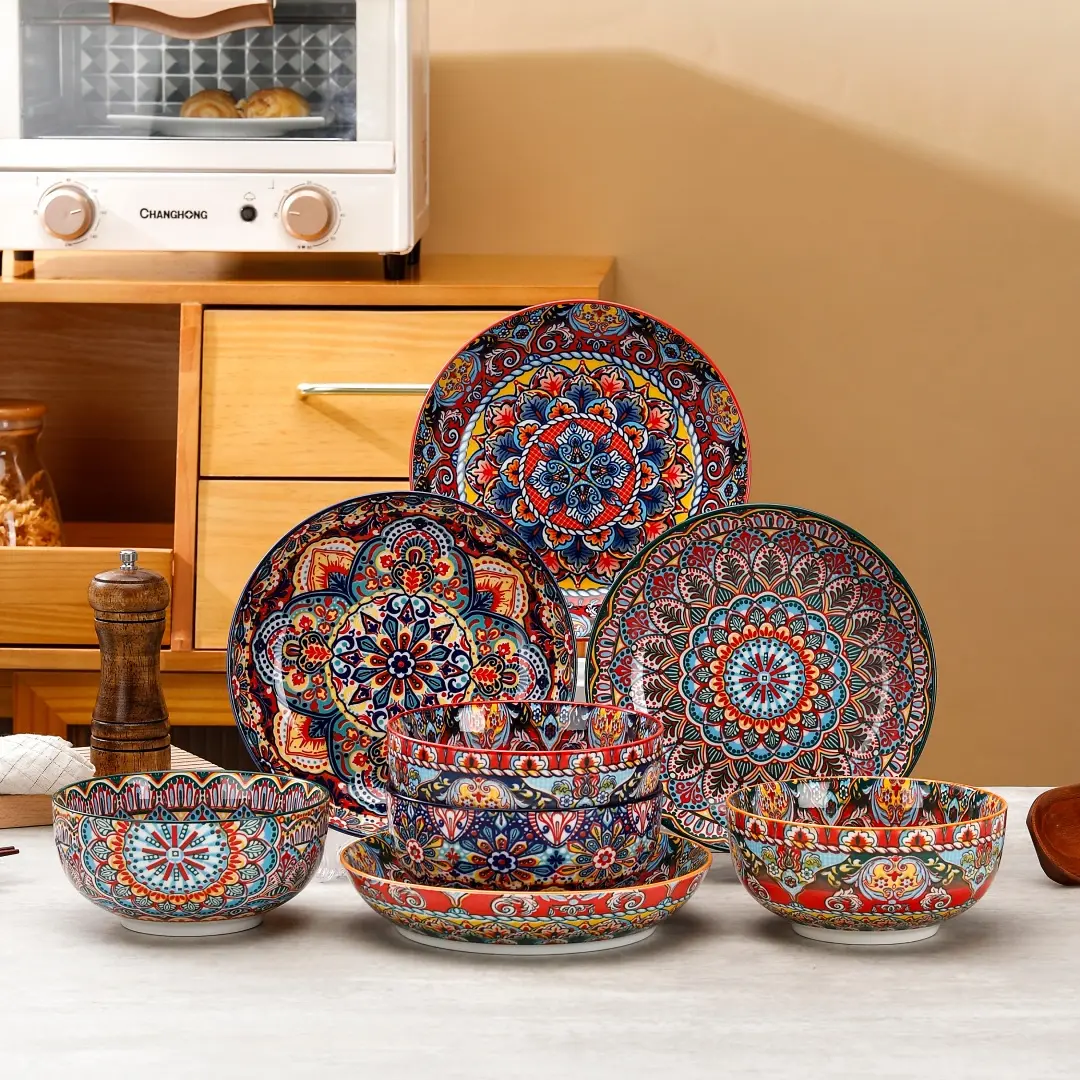 6-Piece Dinnerware Set, Includes 3 Bowls & 3 Plates, Floral & Geometric Patterns, Dishwasher & Microwave Safe, Perfect for Christmas, Ceramic Dinnerware Set, Tableware Set, Dinnerware Service Set