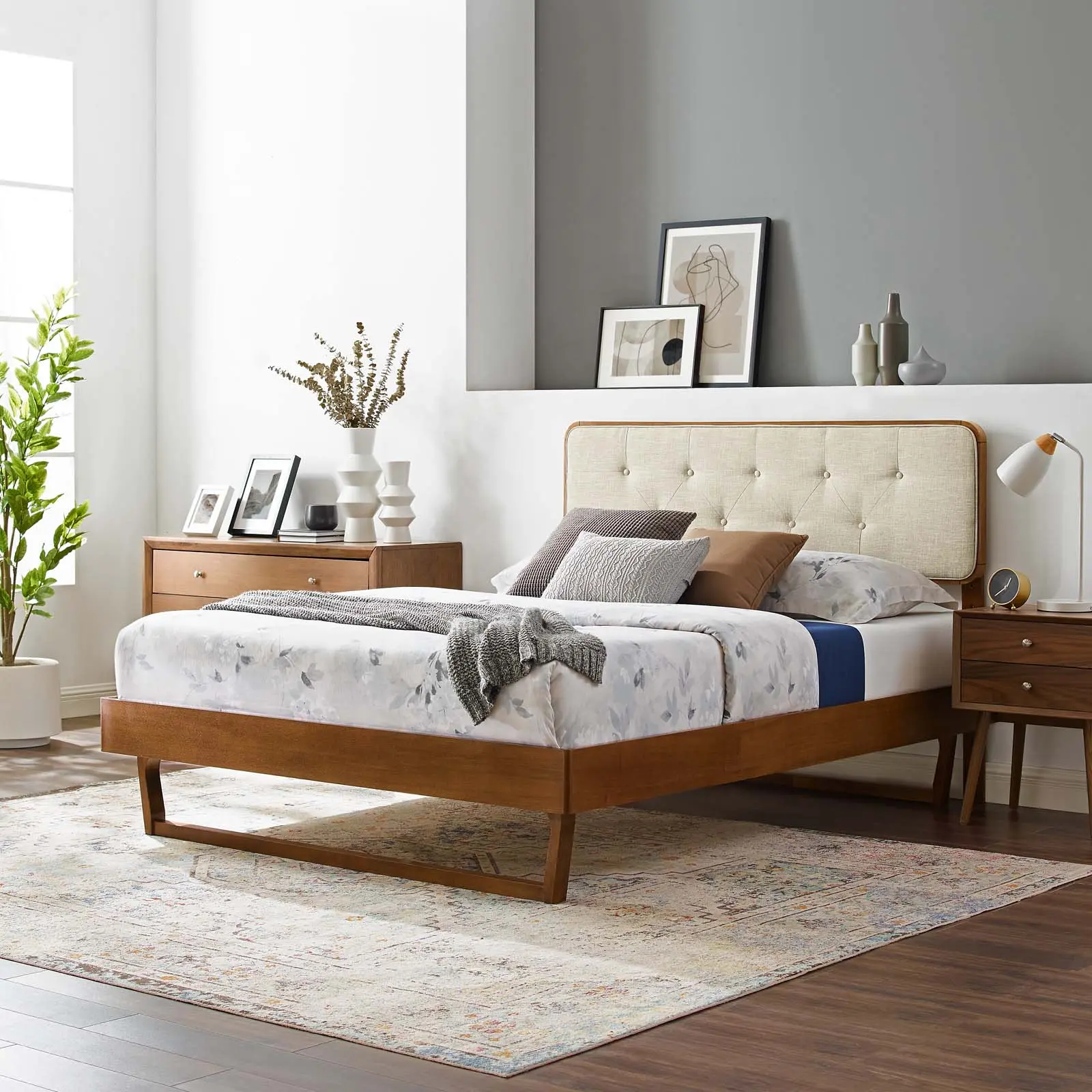 Modway Bridgette Queen Wood Platform Bed With Angular Frame in Walnut Beige
