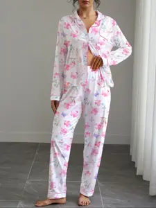 Women's Fall Winter Home Loungewear Set, Floral Print Party Sleepwear Pajama Set, Button Front Long Sleeve Top and Elastic Pants, Soft Stretch Fabric