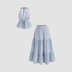 Cider Cotton-blend Halter Neckline Stripe Tie Front Shirred Top & Mid Rise Elastic Waist Ruffle Maxi Skirt Set