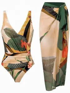 Women's Ruched Backless Tropical Leaf Print Wrap Swimsuit & Tie Front Skirt Set, Boho Sleeveless Set for Beach Holidays, 2026 Ladies Summer Swimwear, Swimsuit Surplice